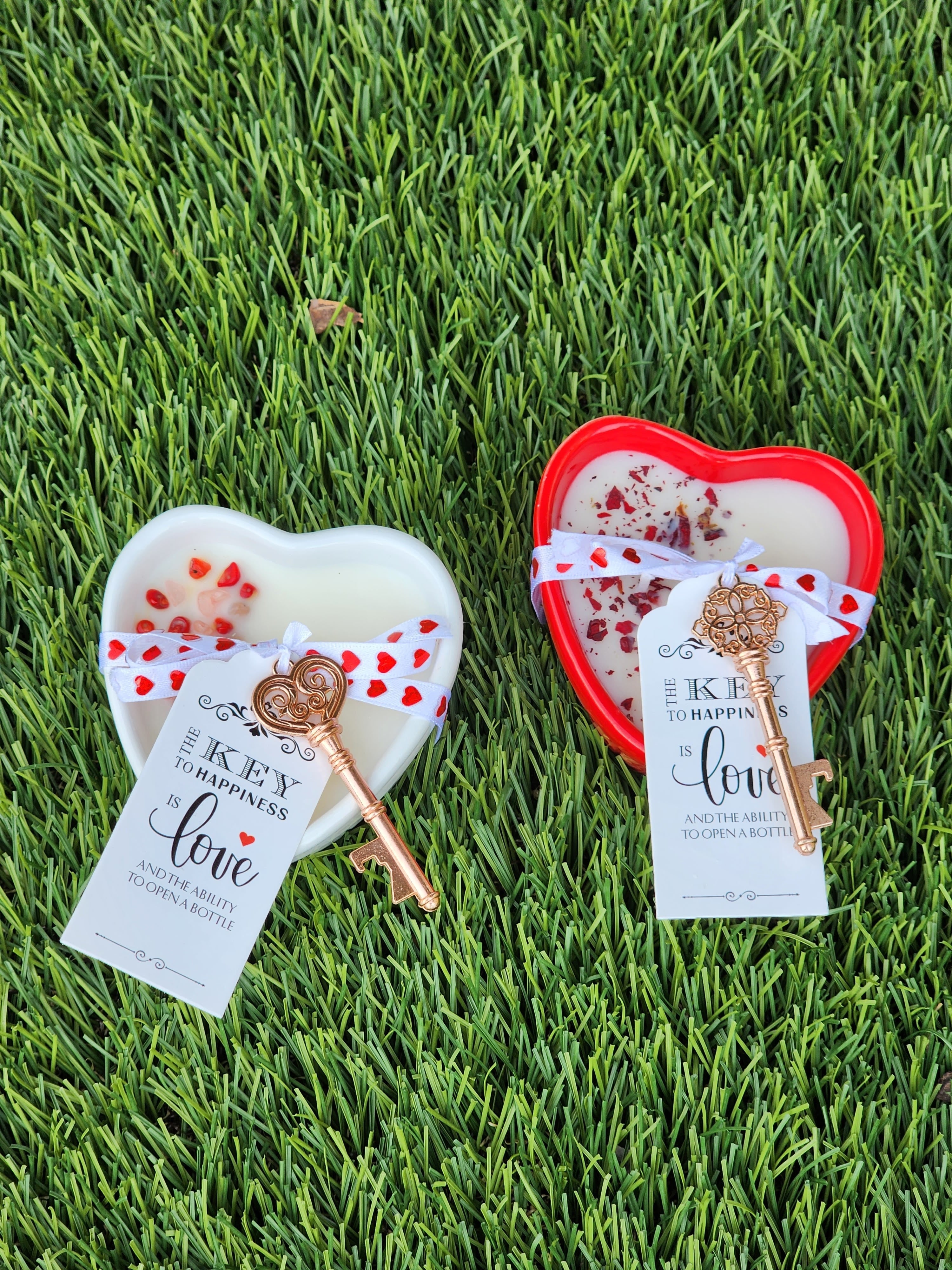 Heart Shaped Soy Wax Candle – 8oz | Rose Petals & “Key to My Heart” Design