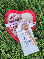 Heart Shaped Soy Wax Candle – 8oz | Rose Petals & “Key to My Heart” Design