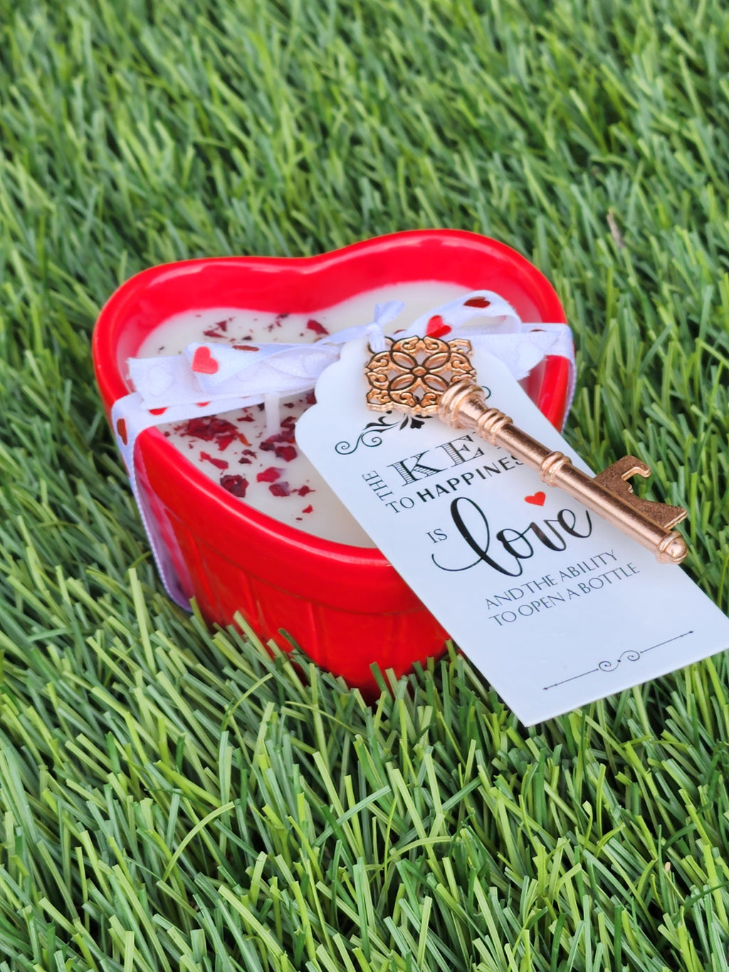 Heart Shaped Soy Wax Candle – 8oz | Rose Petals & “Key to My Heart” Design