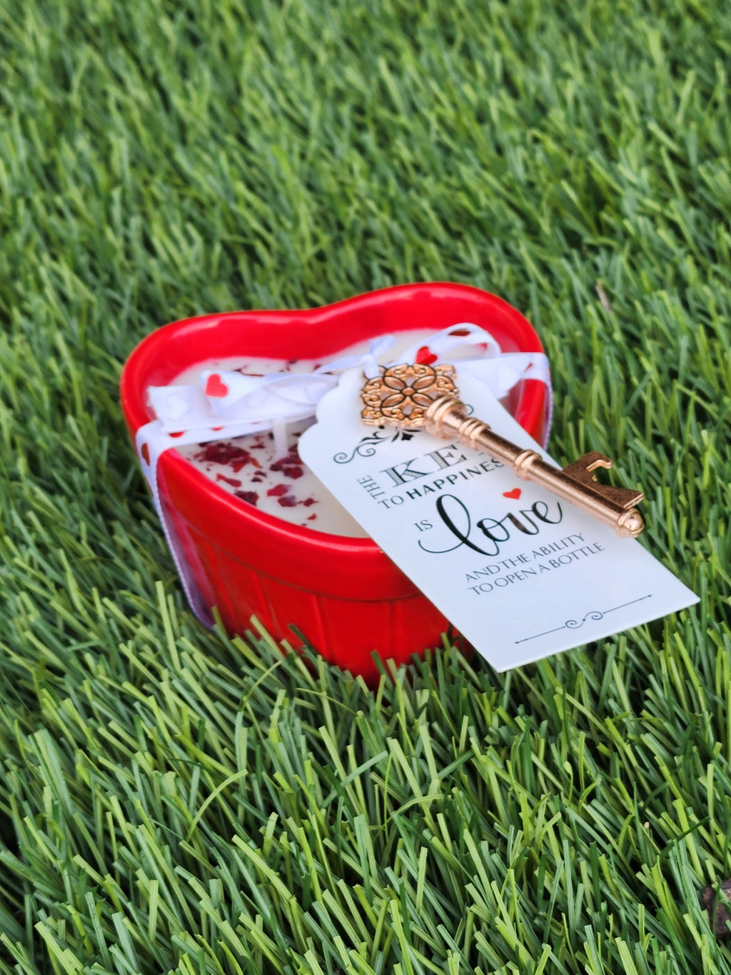 Heart Shaped Soy Wax Candle – 8oz | Rose Petals & “Key to My Heart” Design