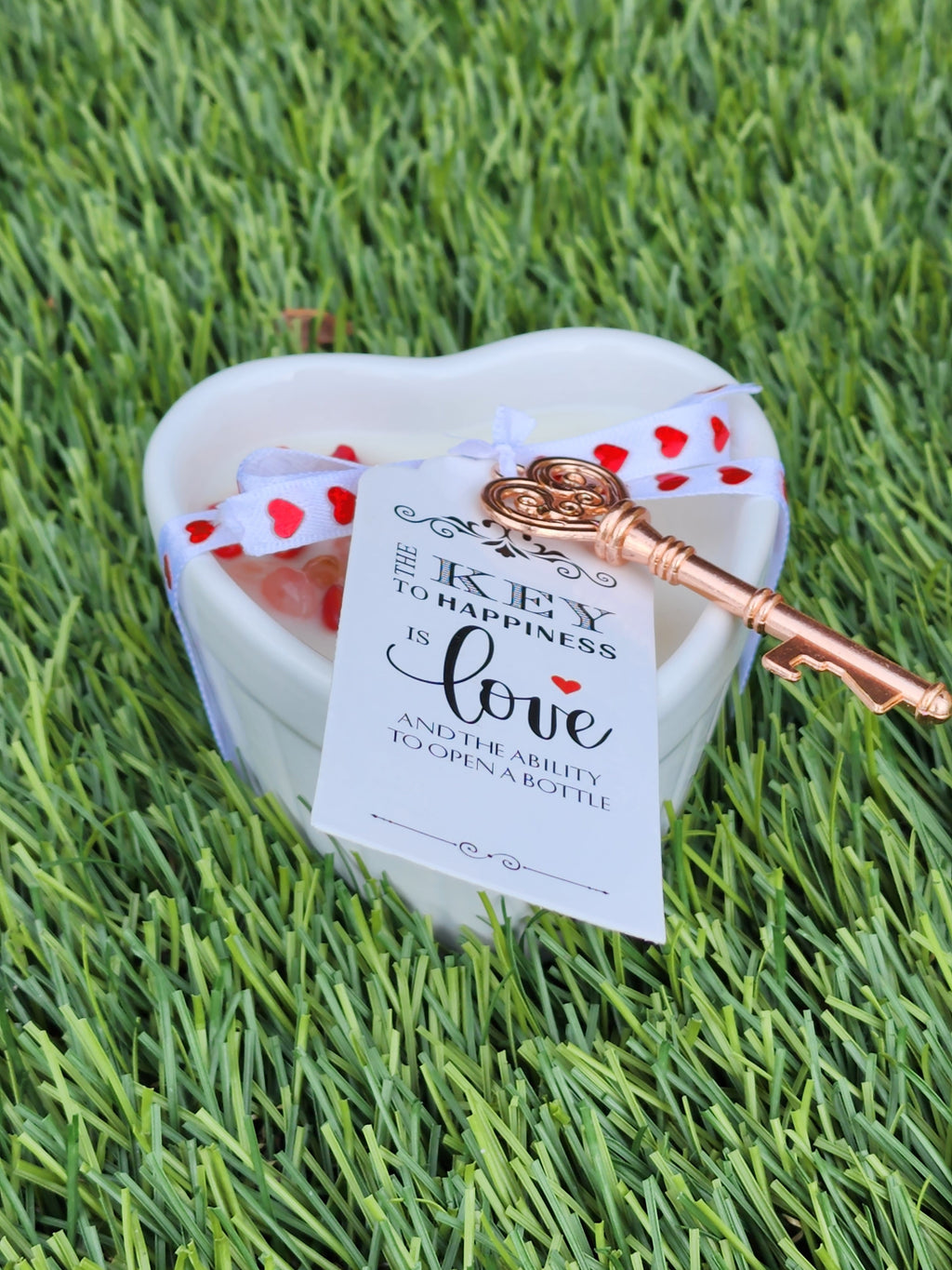 Heart Shaped Soy Wax Candle – 8oz | Rose Petals & “Key to My Heart” Design