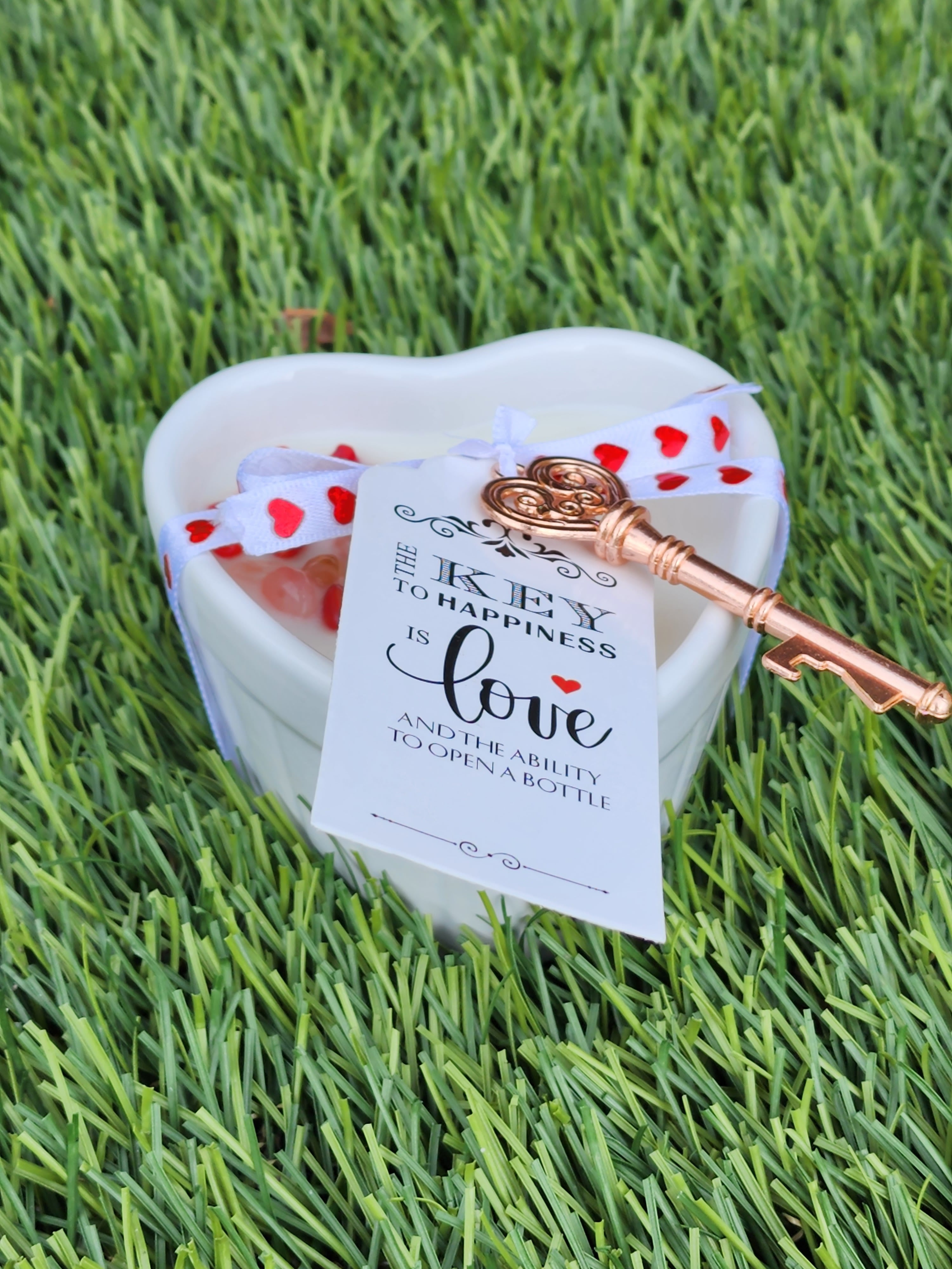 Heart Shaped Soy Wax Candle – 8oz | Rose Petals & “Key to My Heart” Design