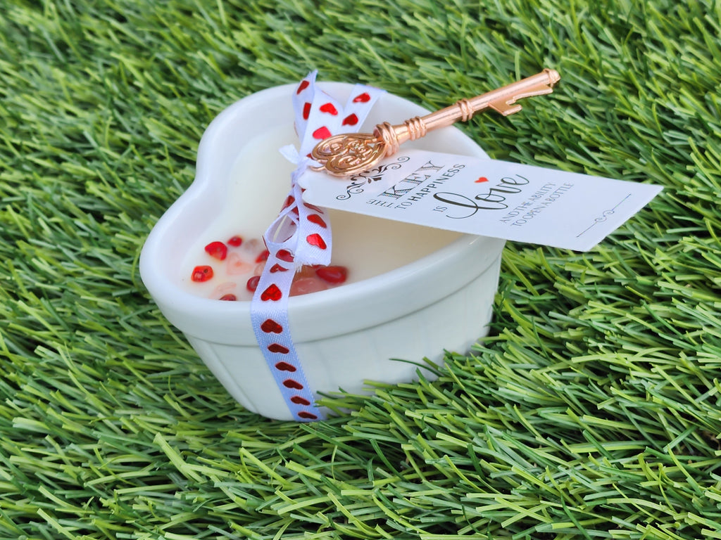 Heart Shaped Soy Wax Candle – 8oz | Rose Petals & “Key to My Heart” Design