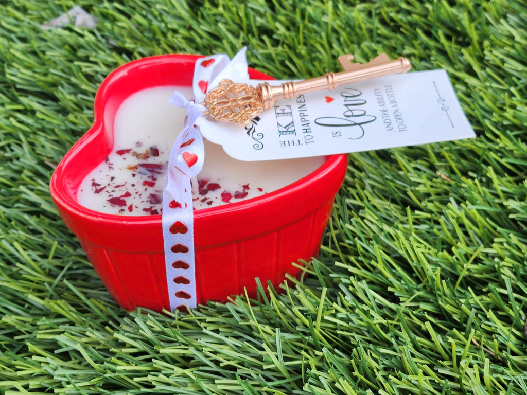 Heart Shaped Soy Wax Candle – 8oz | Rose Petals & “Key to My Heart” Design