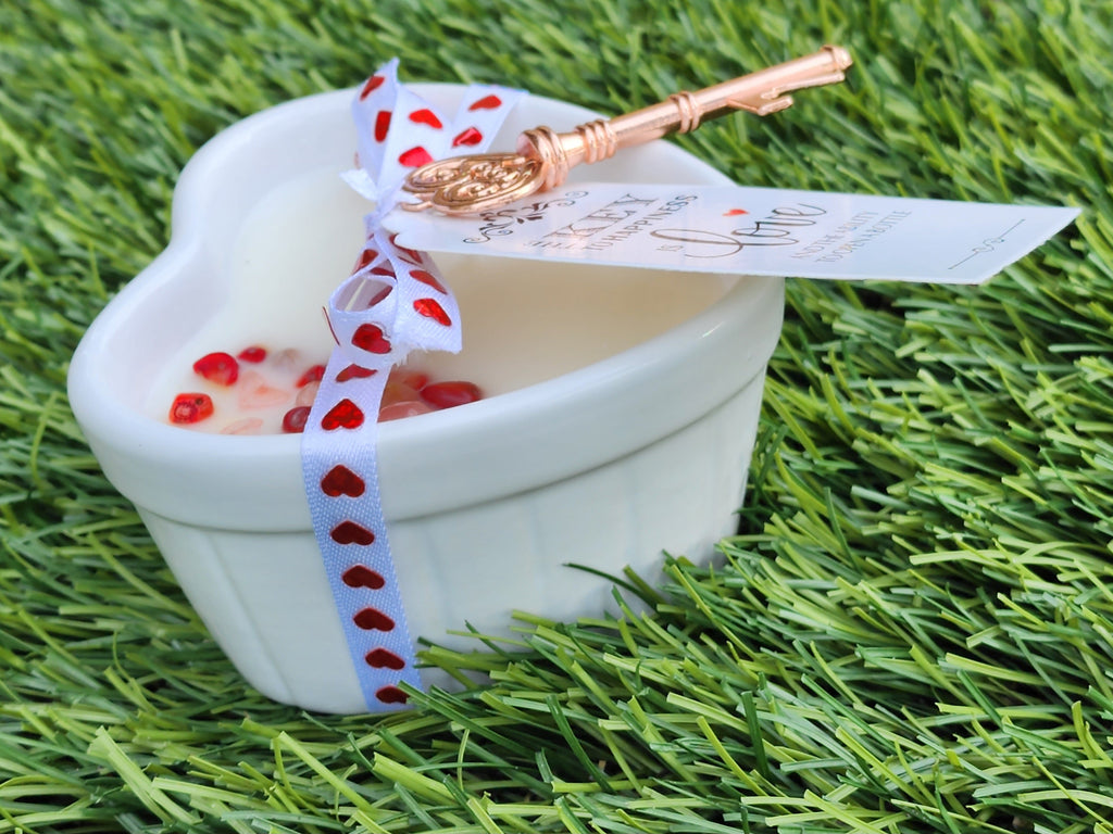 Heart Shaped Soy Wax Candle – 8oz | Rose Petals & “Key to My Heart” Design