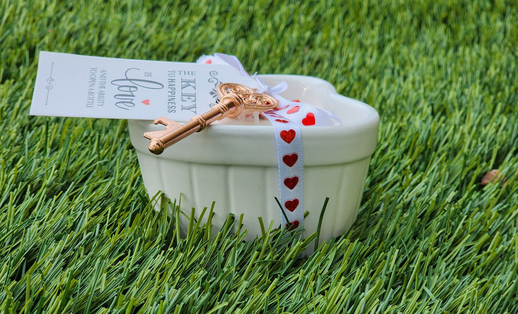 Heart Shaped Soy Wax Candle – 8oz | Rose Petals & “Key to My Heart” Design