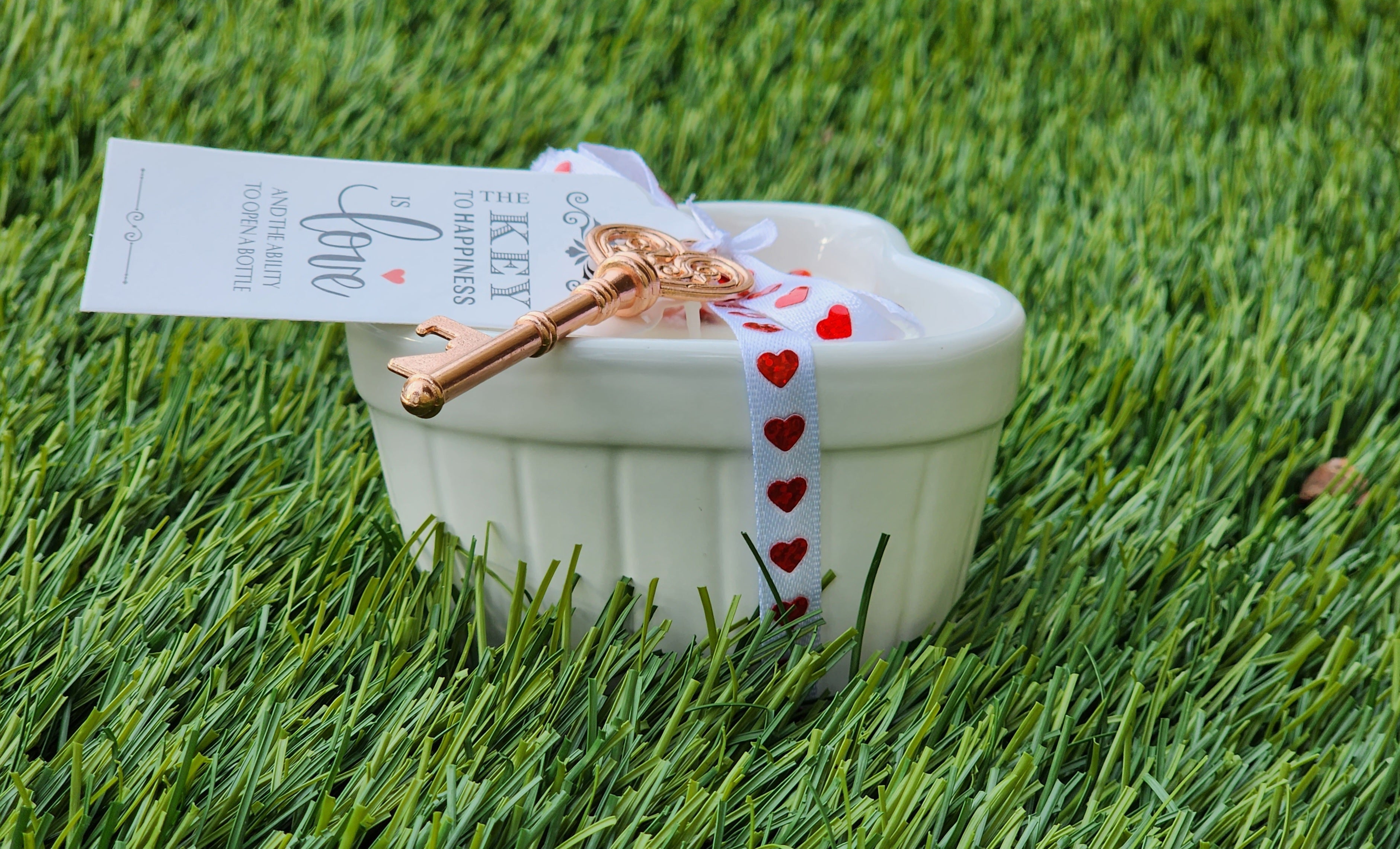Heart Shaped Soy Wax Candle – 8oz | Rose Petals & “Key to My Heart” Design