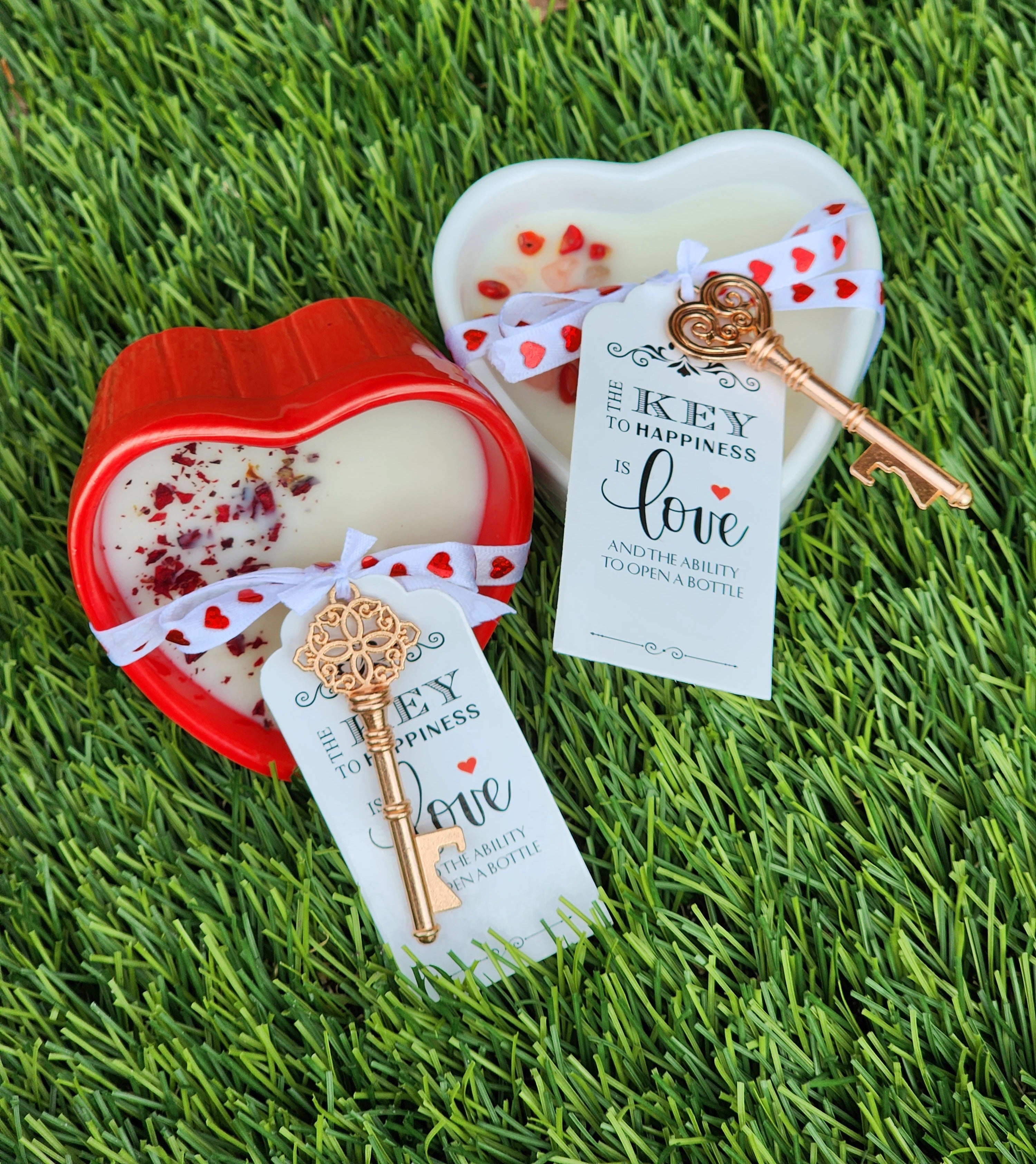 Heart Shaped Soy Wax Candle – 8oz | Rose Petals & “Key to My Heart” Design