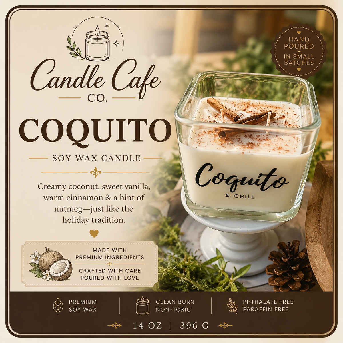 Coquito theme scented soy wax candle
